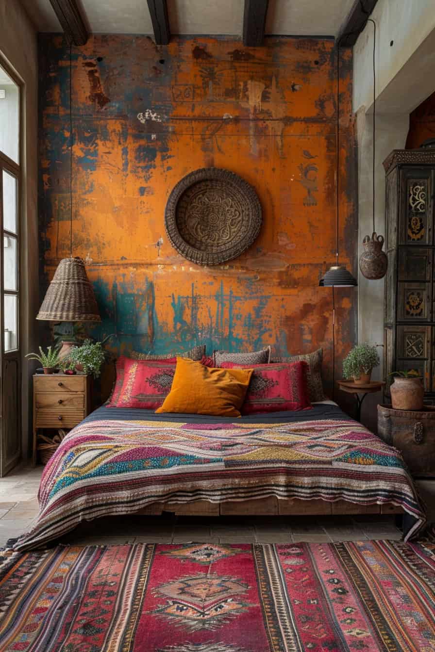 Boho bedroom with a color splash wall mural