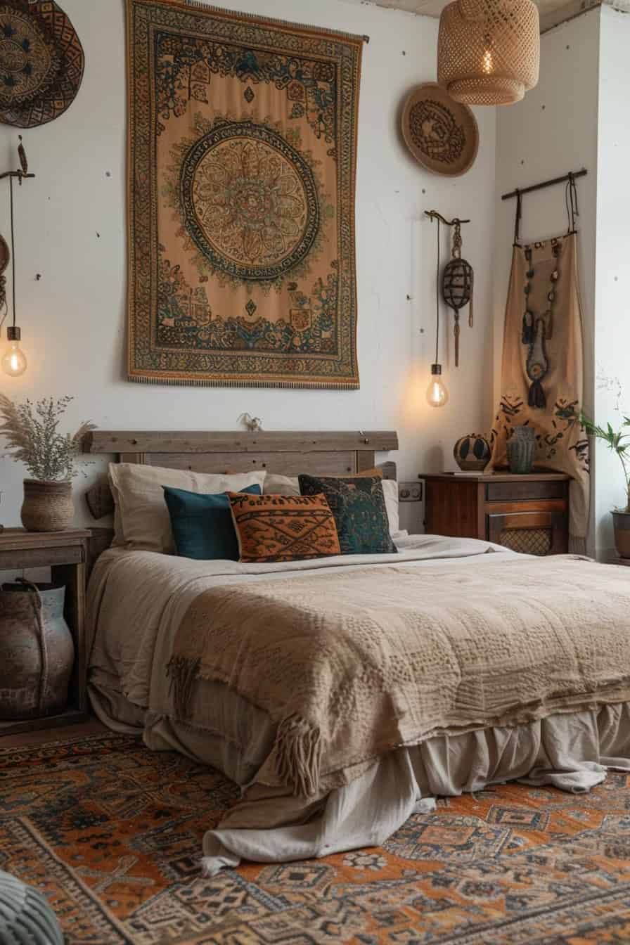 Boho bedroom with a large tapestry headboard