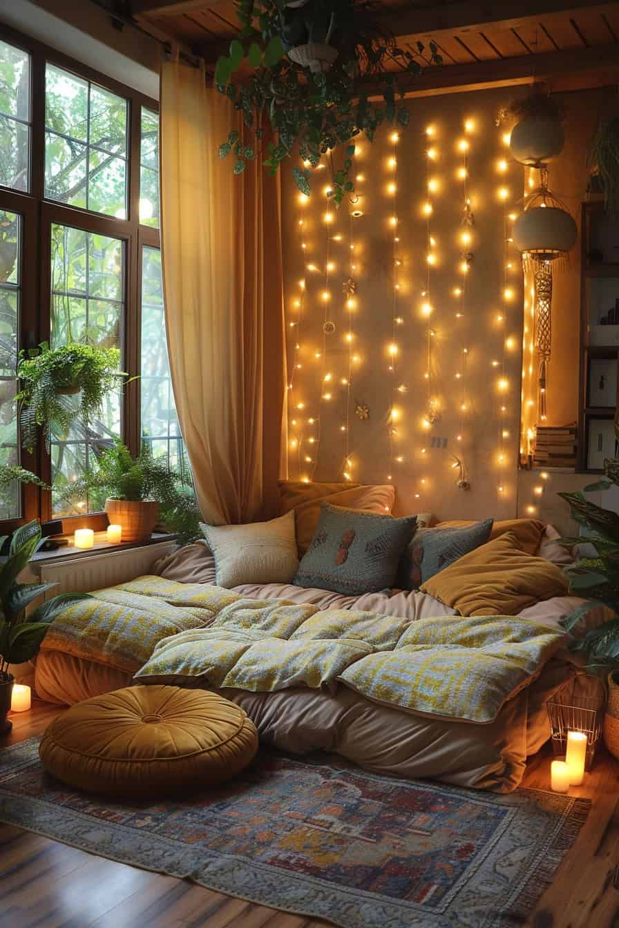 Boho retreat in a bedroom with a low bed, floor cushions, and soft ambient lighting 2