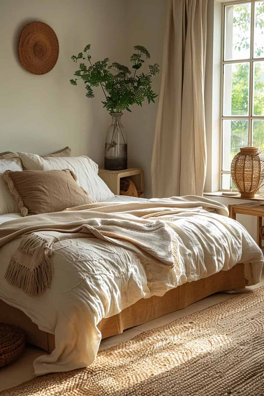 Contemporary boho bedroom with minimalist decor and a statement plant