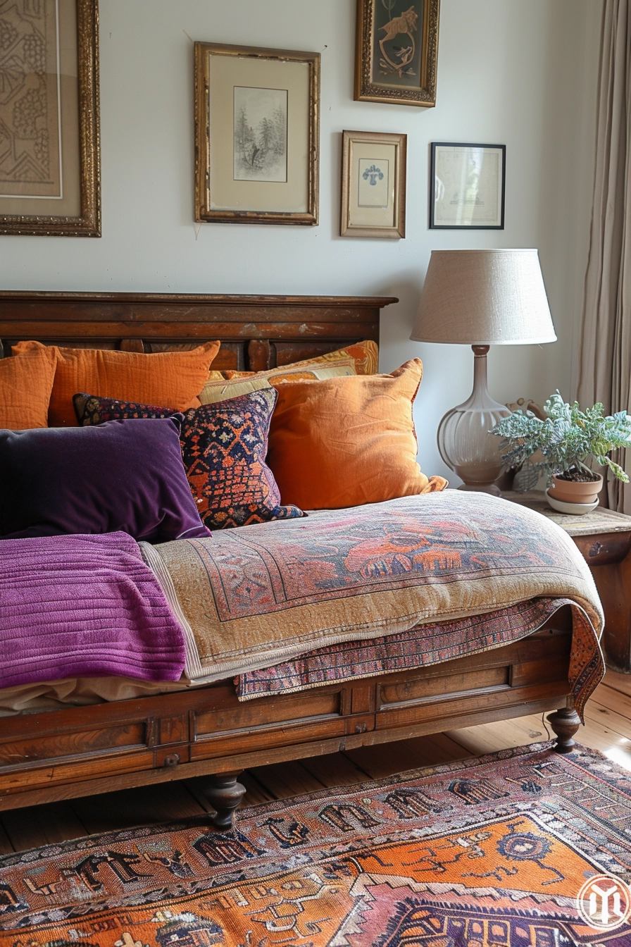 Eclectic boho bedroom featuring a mix of colorful pillows and vintage rugs