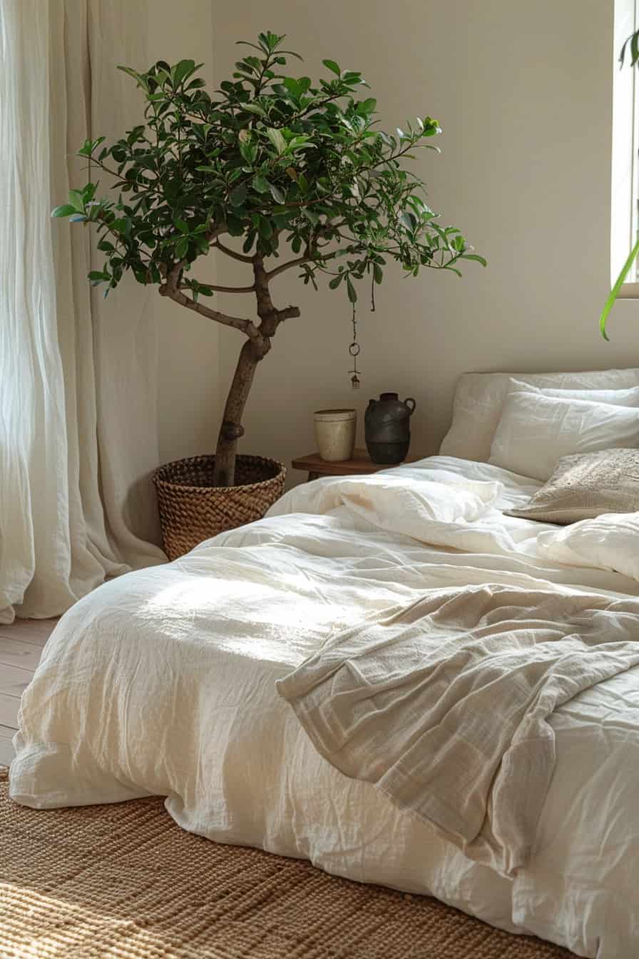 Minimalist boho bedroom with white linens and a single lush houseplant