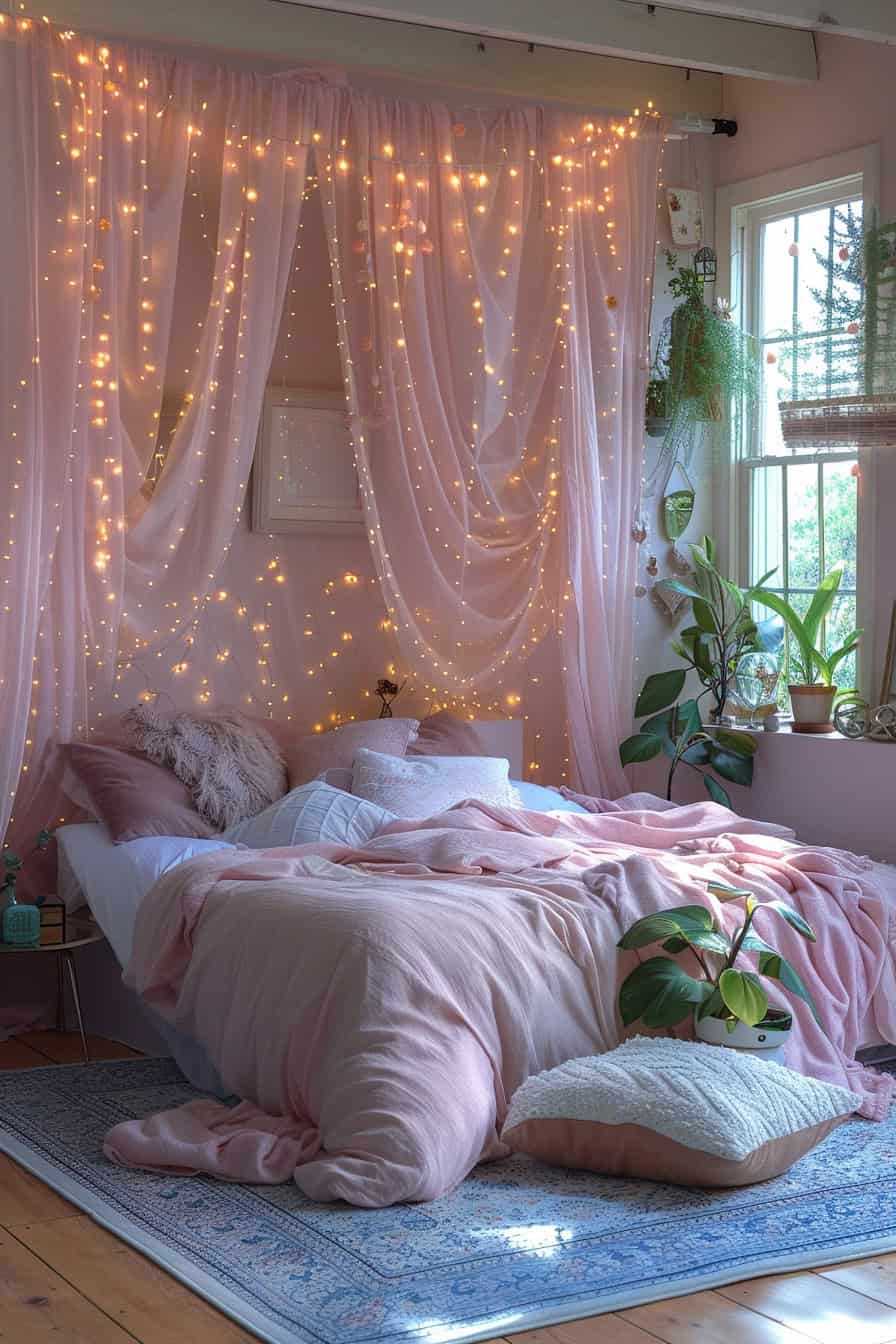 Romantic boho bedroom featuring soft pastels and fairy lights