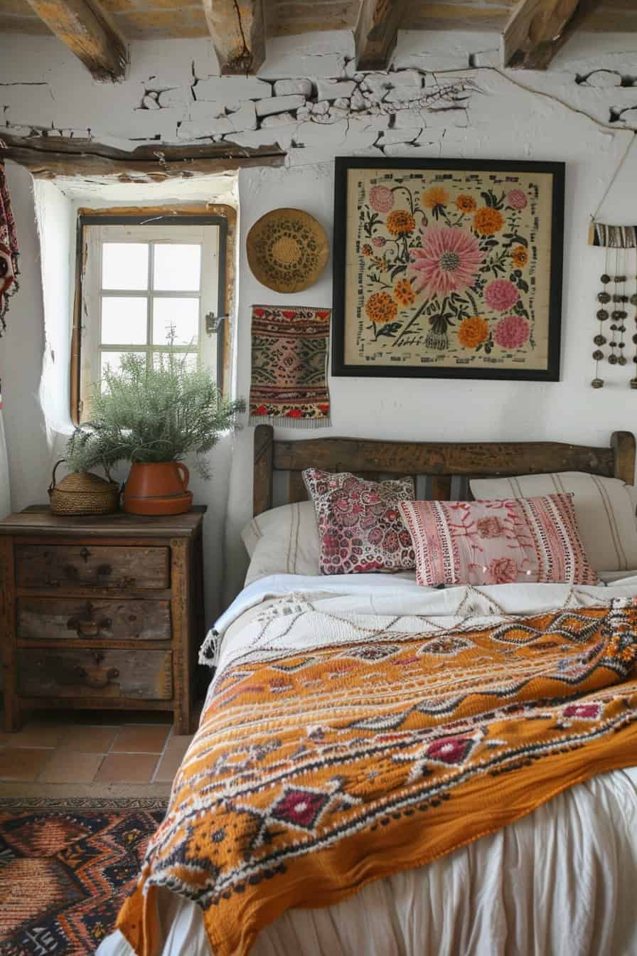 Rustic boho bedroom with wooden furniture and tribal inspired textiles