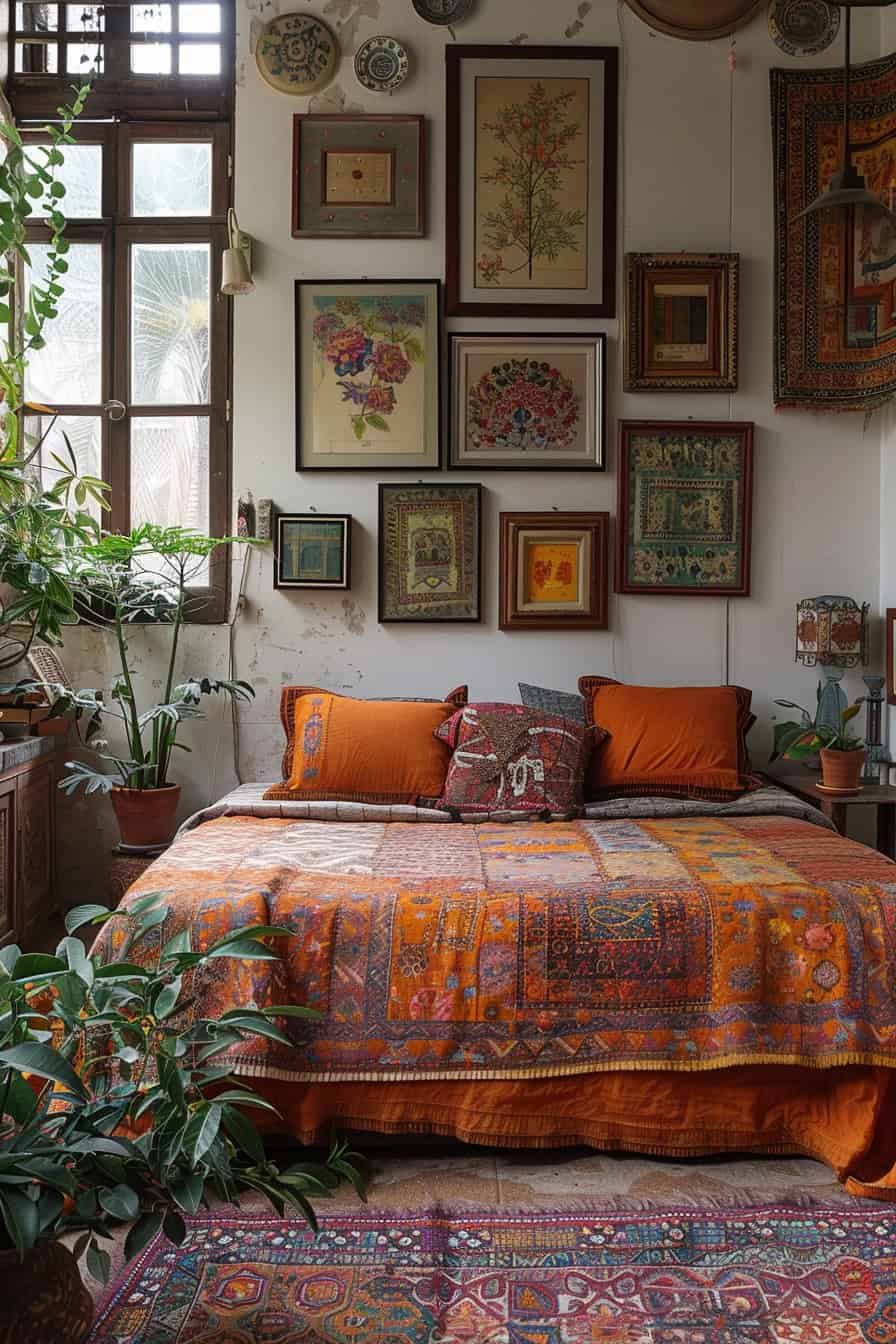 Vibrant boho bedroom with a gallery wall of eclectic art and objects