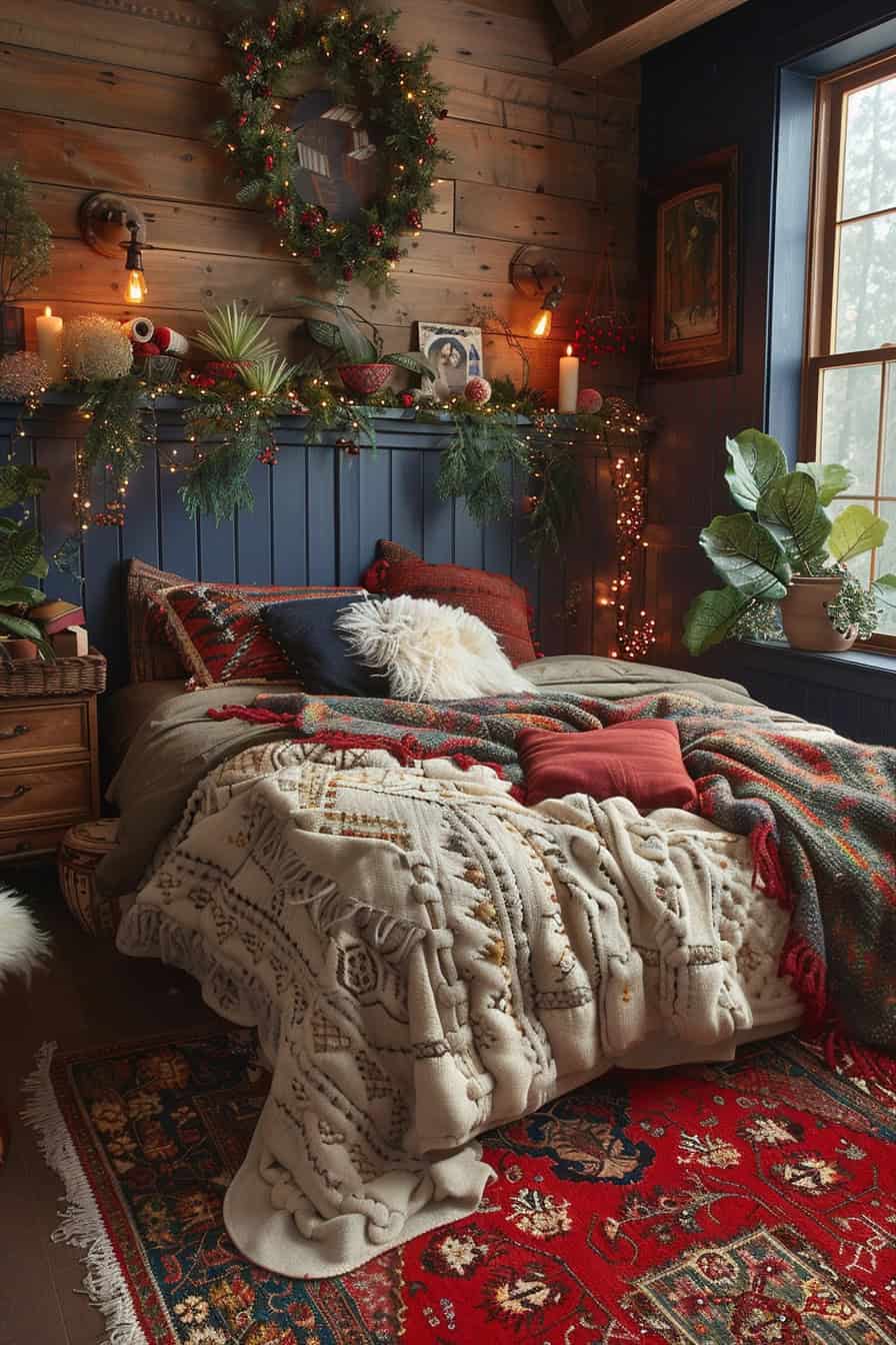 Winter boho bedroom with warm textiles and rich, deep colors