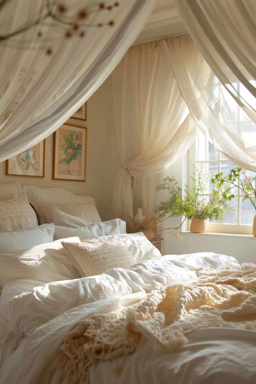 canopy bed draped in light, airy fabrics