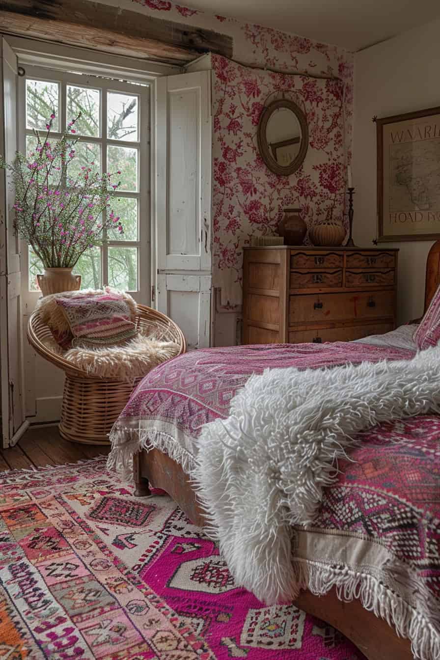 pink boho style bedroom with groovy pink print wallpaper