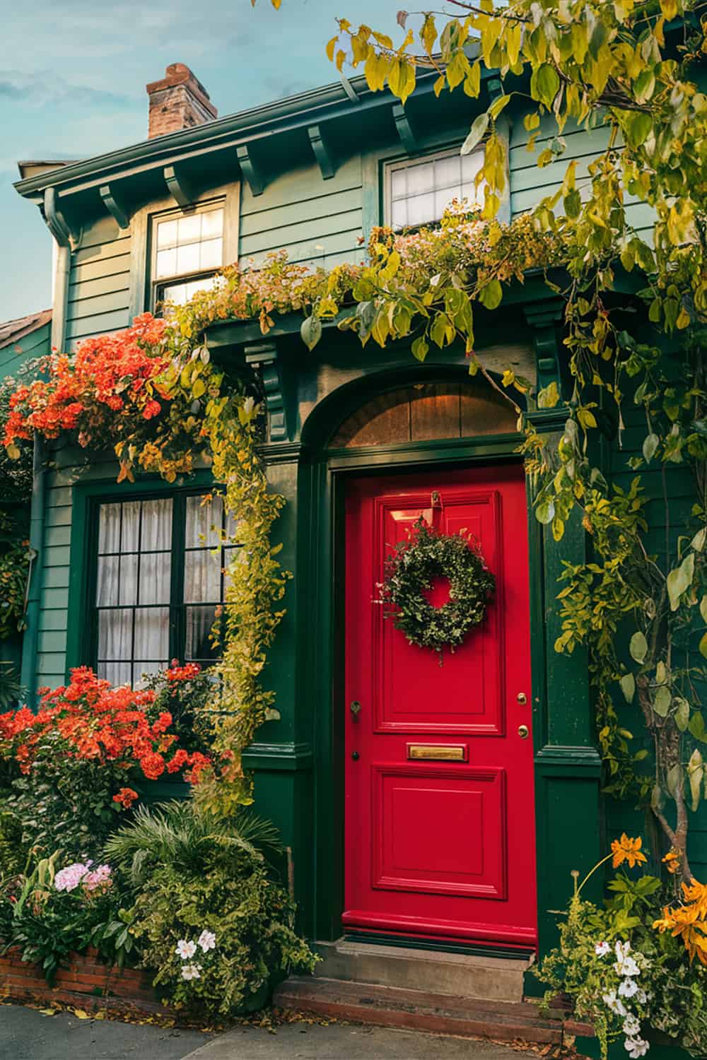 Green House with Red Front Door