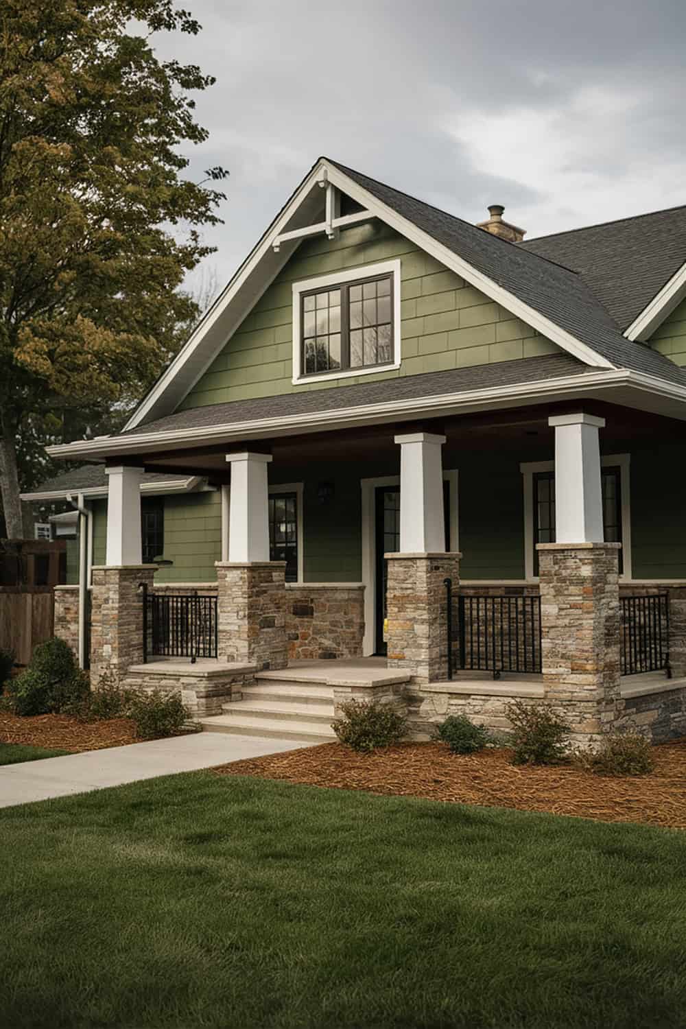 Green House with Stone Accents