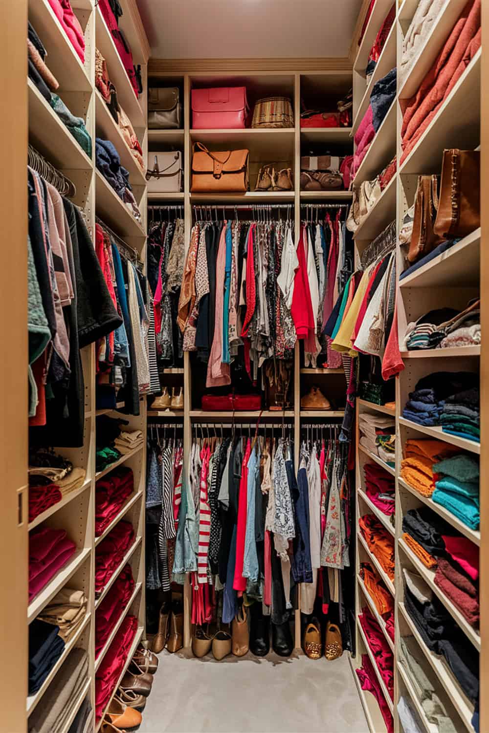 Narrow closet with shelves from floor to ceiling