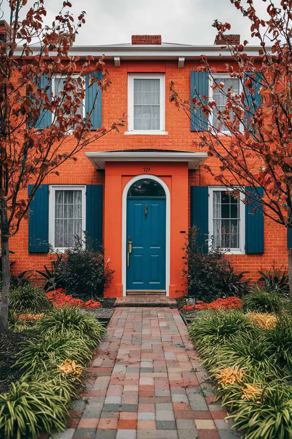 Orange Brick House with Blue Door