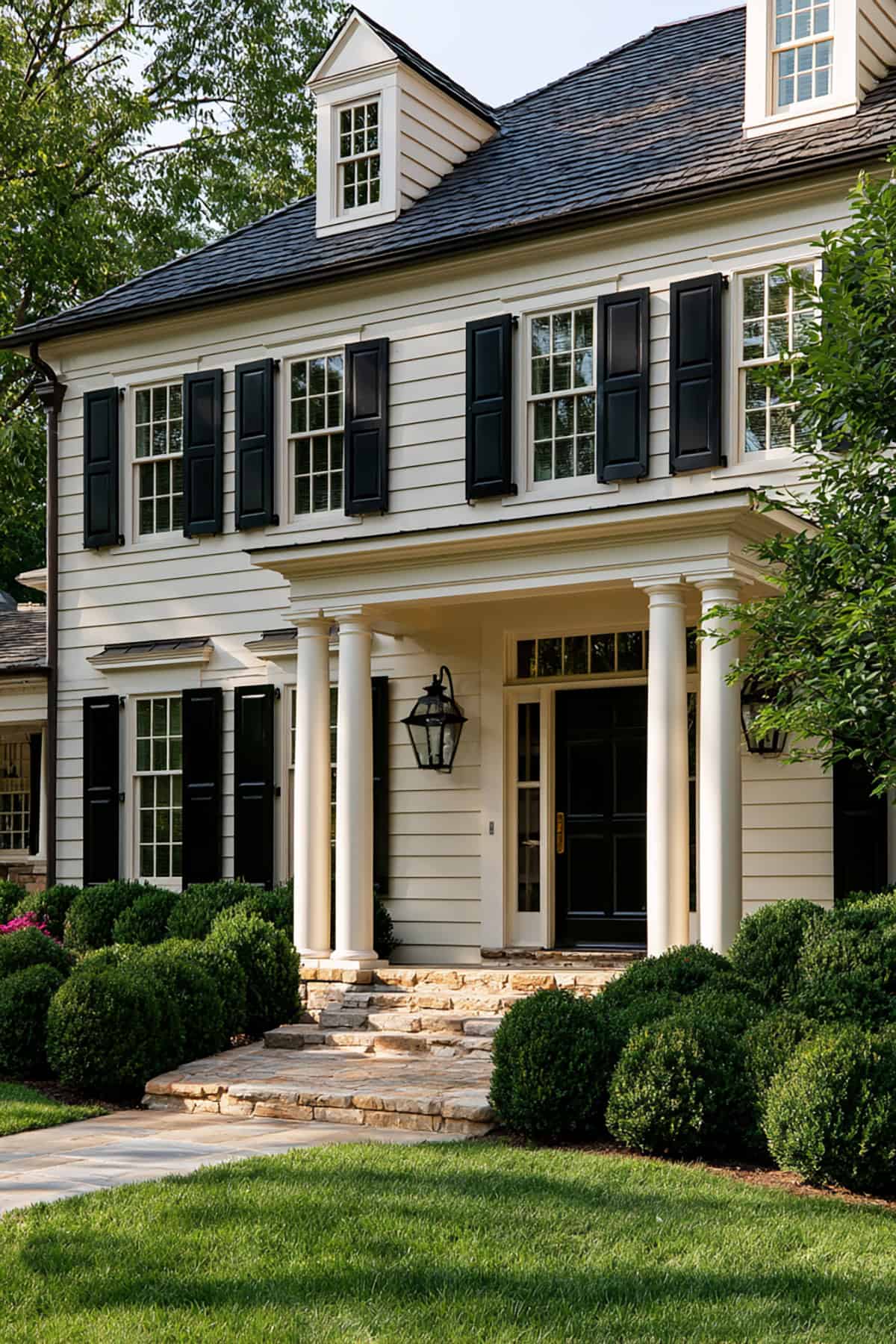 Black Shutters With Warm Cream Siding