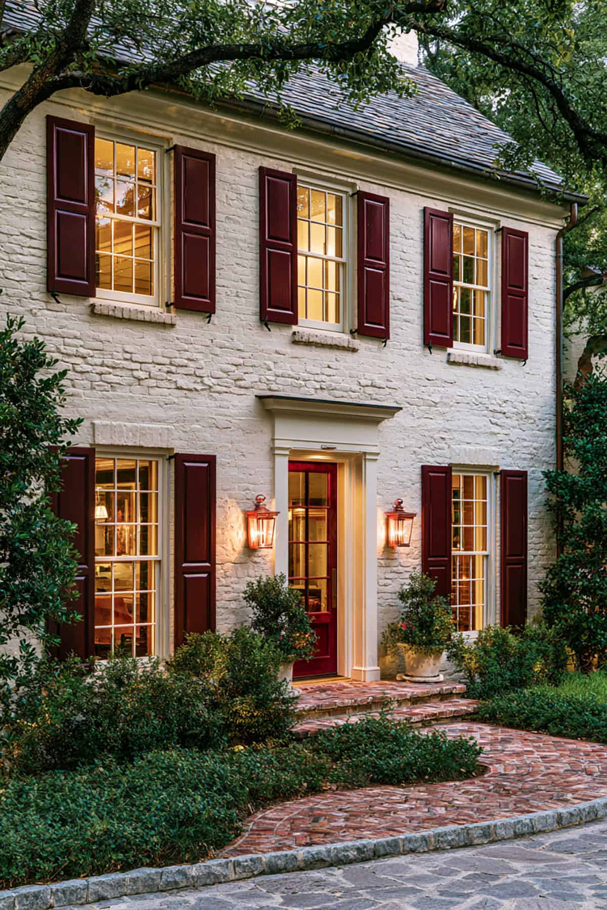 Burgundy Shutters With Cream Brick Exterior