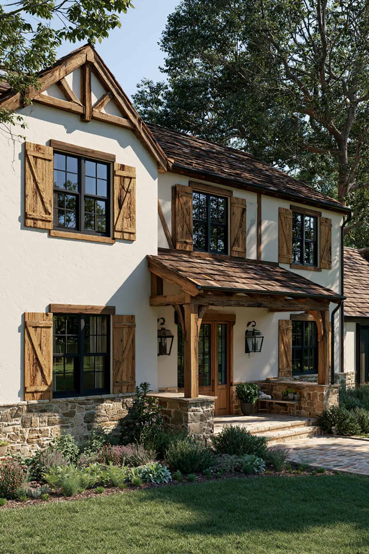 Cedar Wood Shutters With Cream Farmhouse