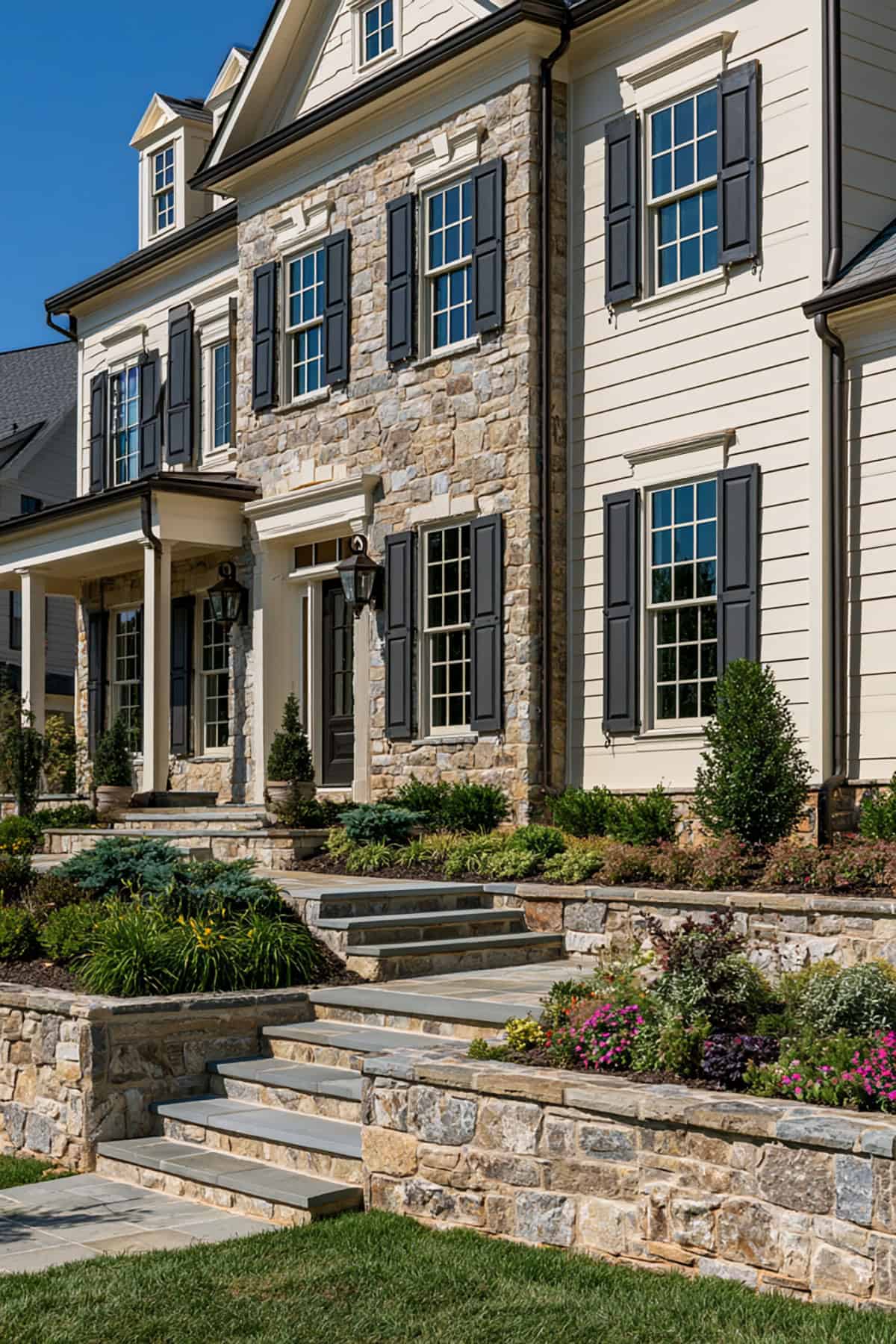 Charcoal Shutters With Cream Stone Accents