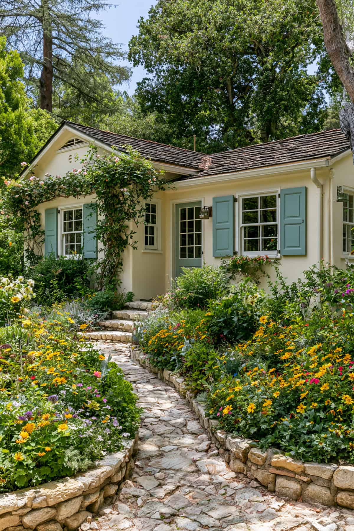 Dusty Blue Green Shutters With Cottage Landscaping