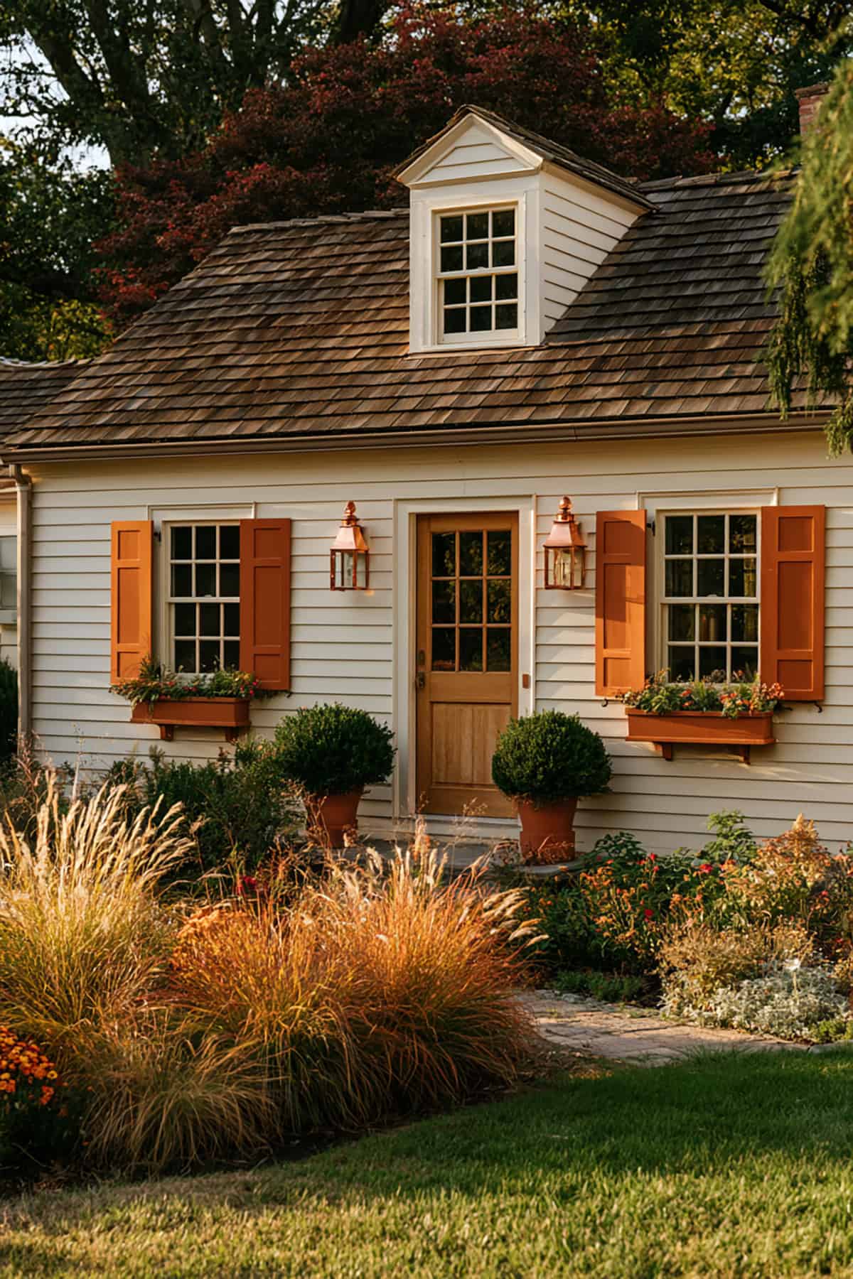 Orange Shutters With Cream Cottage Exterior