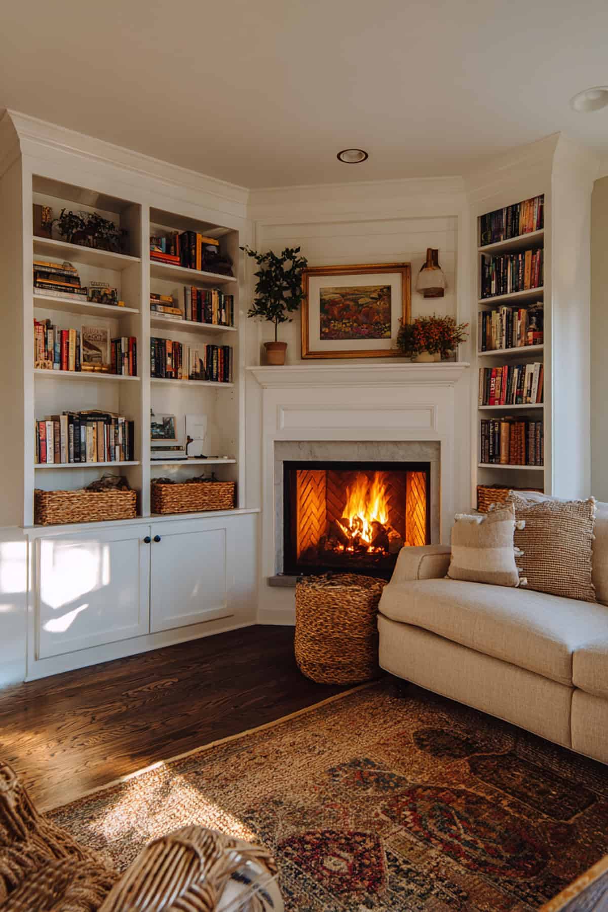Bookshelves Built Around a Corner Fireplace