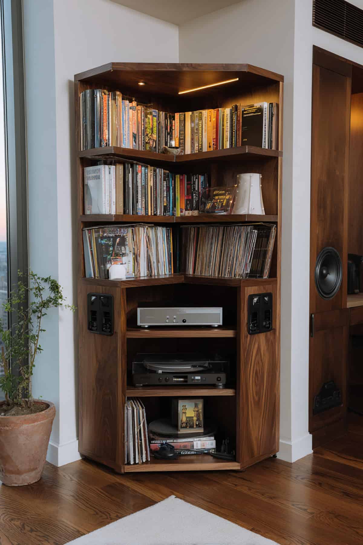 Corner Bookshelf with Built In Speaker Mounts