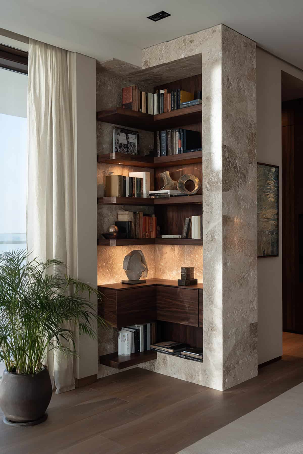 Corner Bookshelf with Mixed Materials Stone + Wood