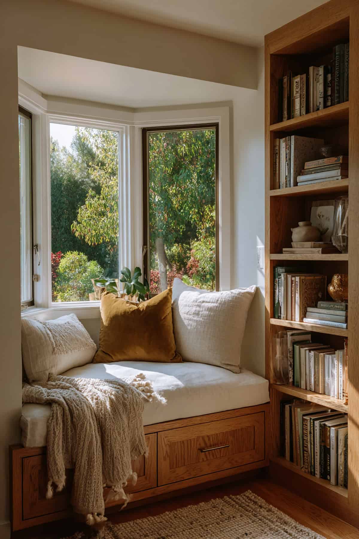 Corner Bookshelf with Window Seat Wrap