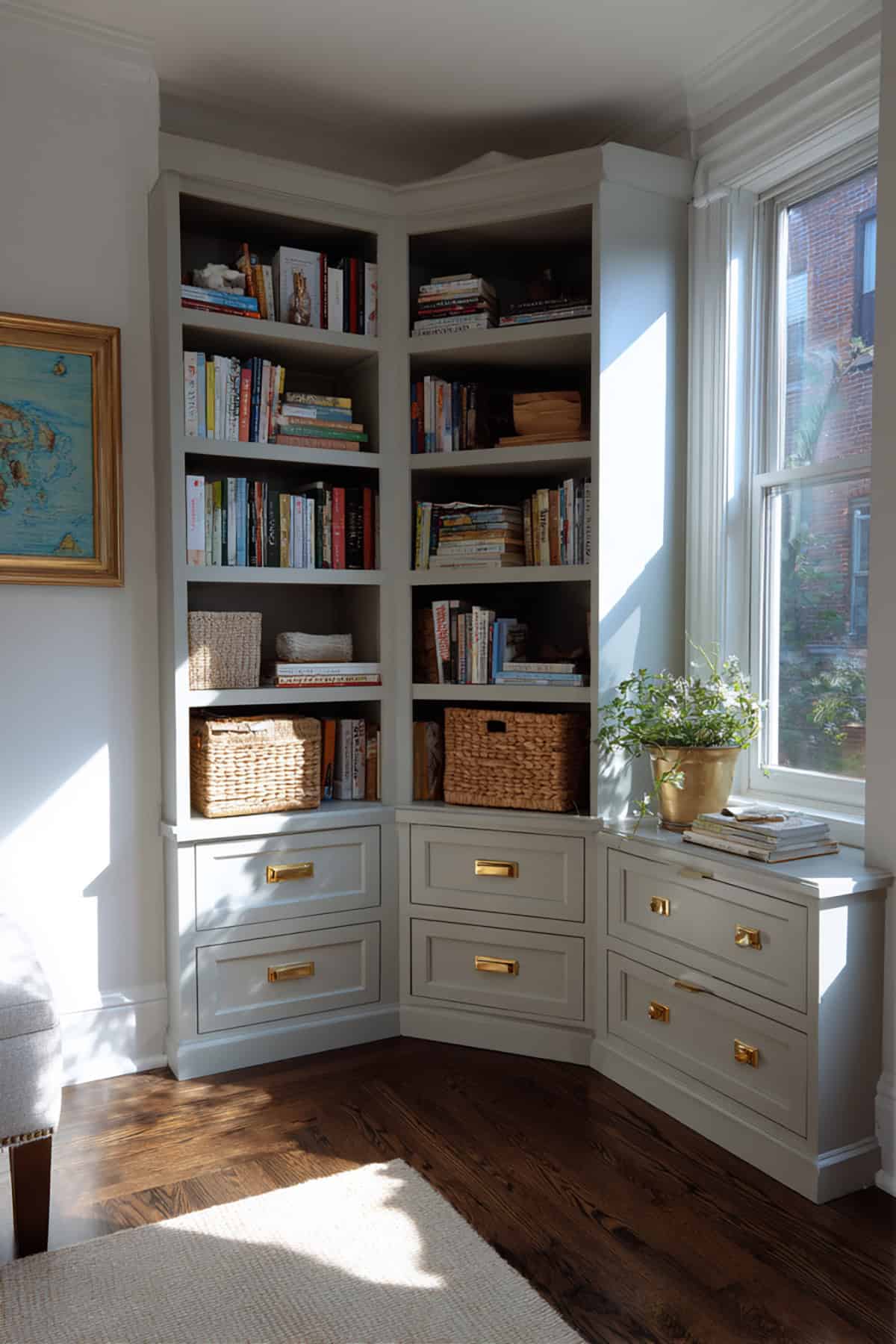 Corner Bookshelves with Drawers