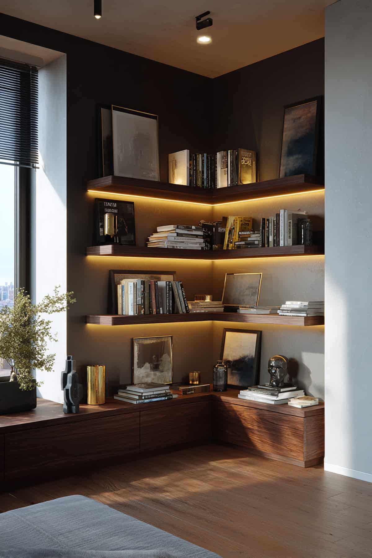 Corner Shelves with Integrated Lighting
