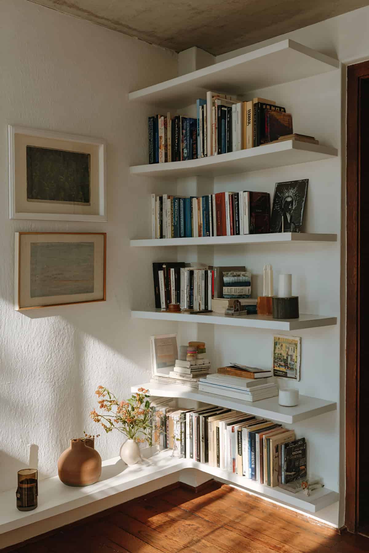Minimal Corner Bookshelf with Thin Picture Ledges