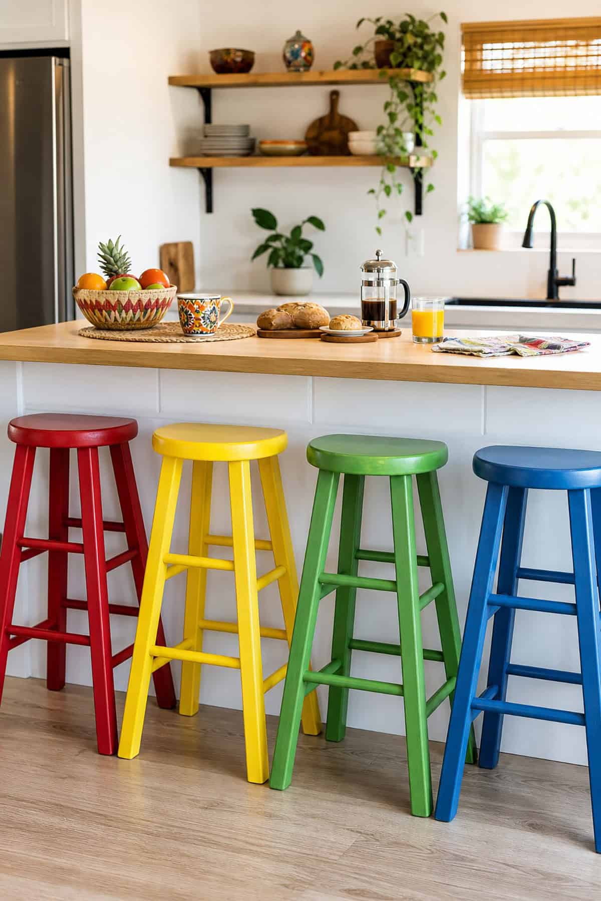 Breakfast Bar With Painted Stools in Fiesta Colors