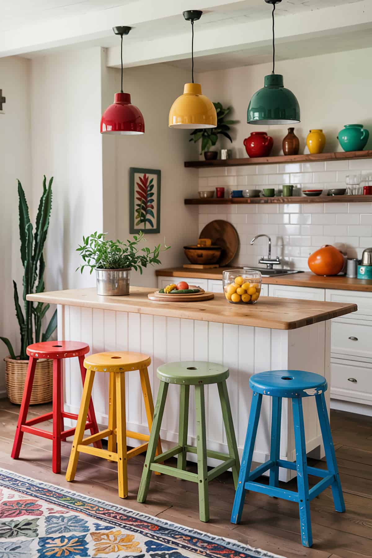 Breakfast Bar With Painted Stools in Fiesta Colors