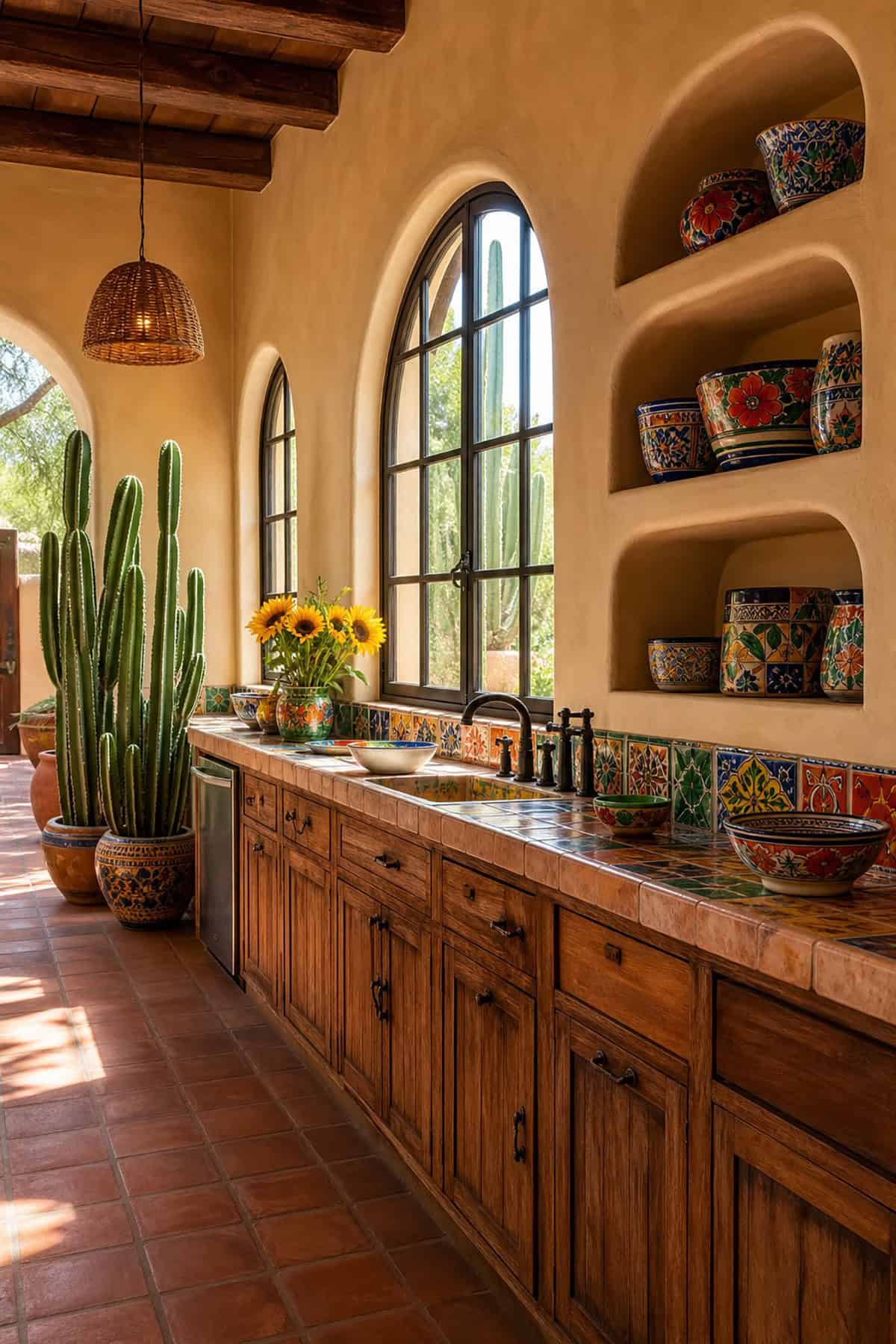 Colorful Mexican Kitchen With Built In Stucco Shelving
