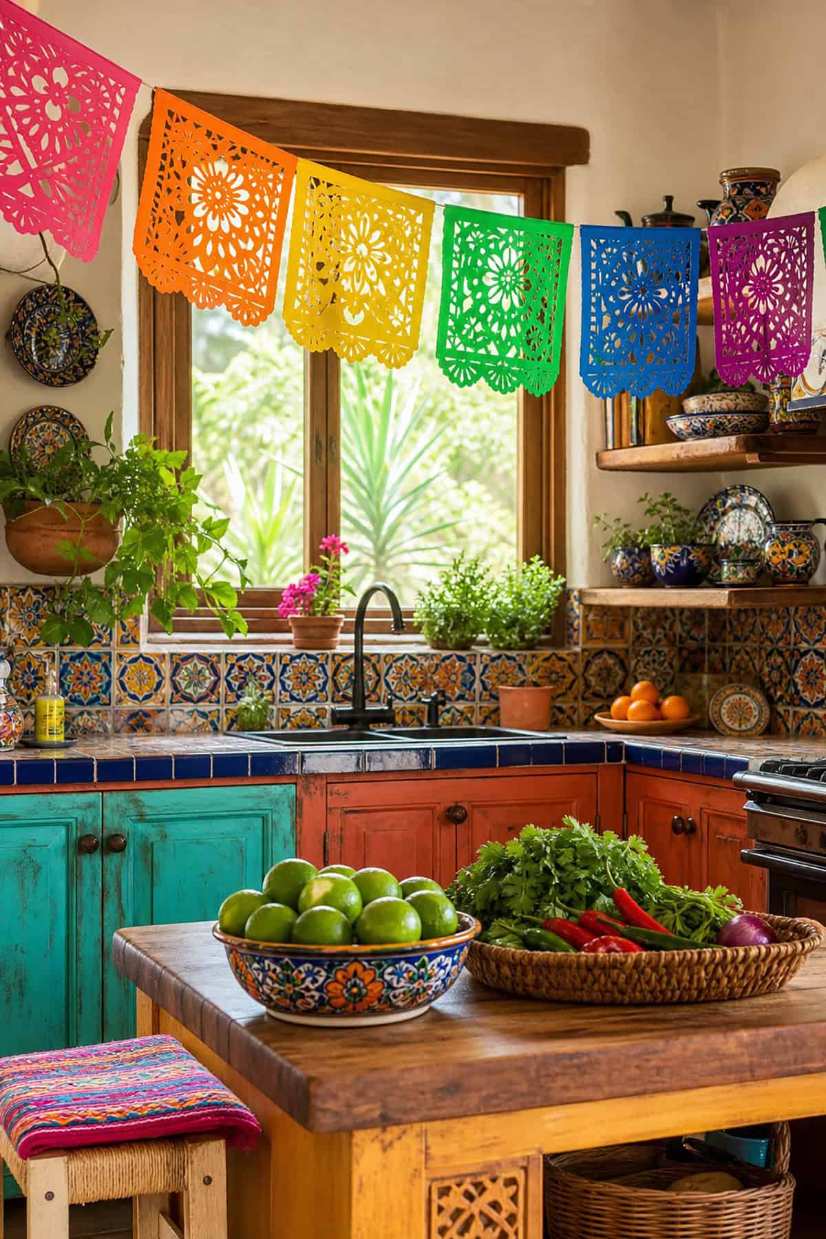 Colorful Mexican Kitchen With Papel Picado Decor