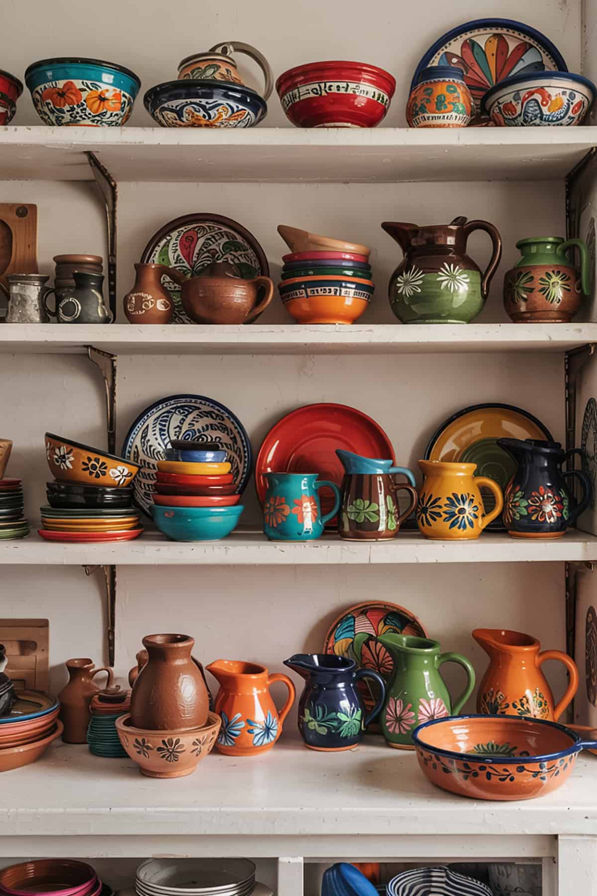 Colorful Mismatched Mexican Kitchenware on Shelves
