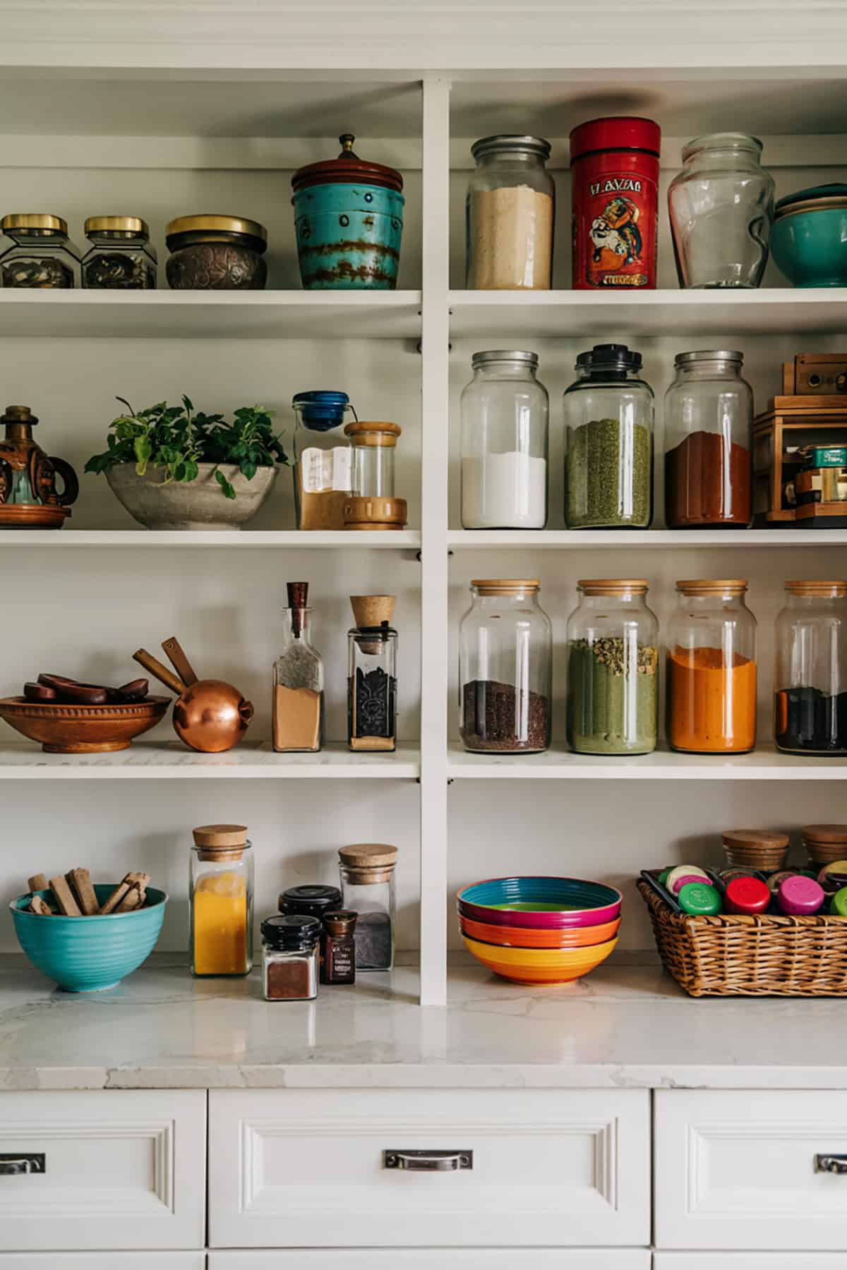 Colorful Pantry With Labeled Jars and Spices