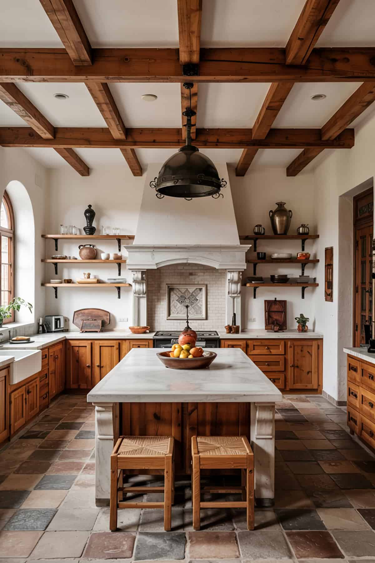 Earth Toned Kitchen With Wooden Ceiling Beams
