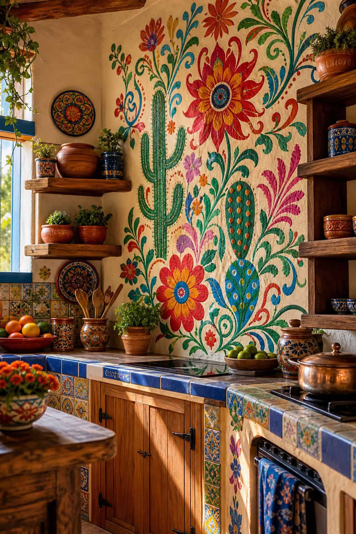 Festive Mexican Kitchen With Painted Wall Murals