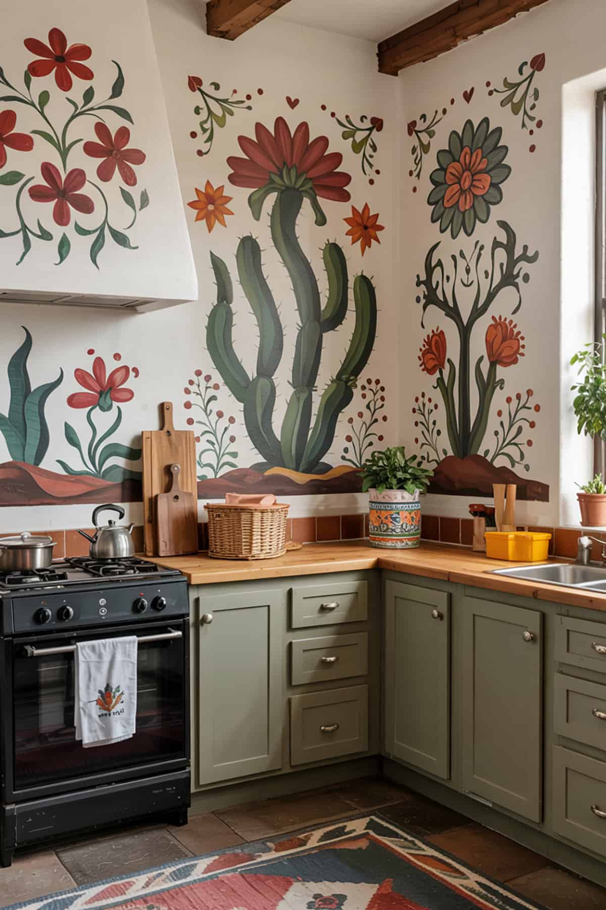 Festive Mexican Kitchen With Painted Wall Murals
