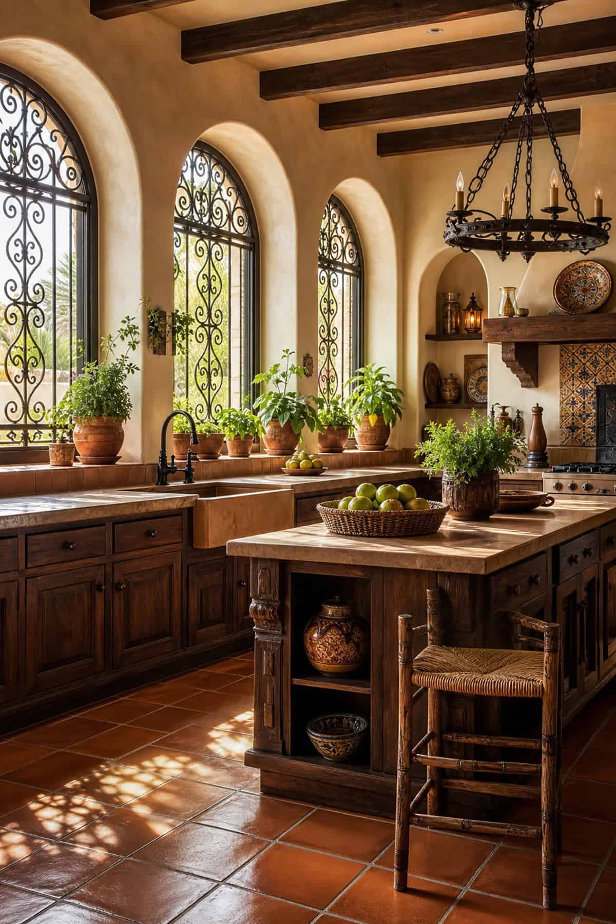Hacienda Style Kitchen With Arched Windows