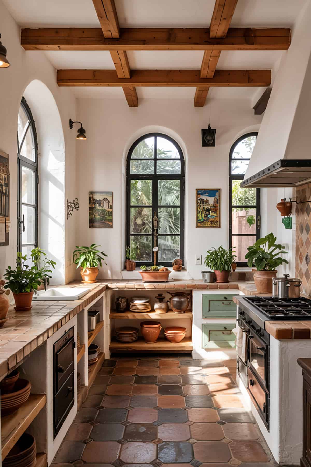 Hacienda Style Kitchen With Arched Windows