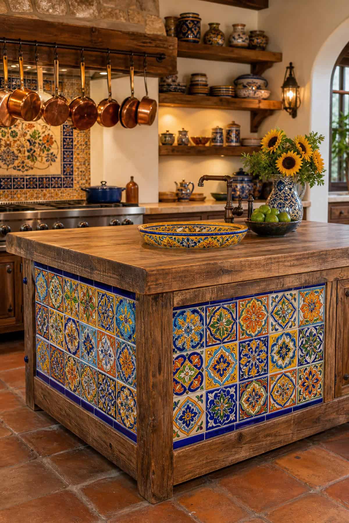 Kitchen Island With Hand Painted Mexican Tiles