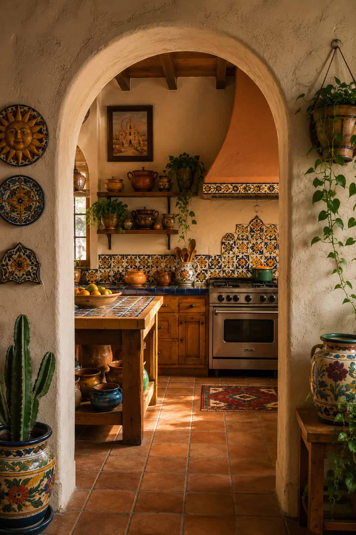 Kitchen With Arched Doorway and Clay Pots