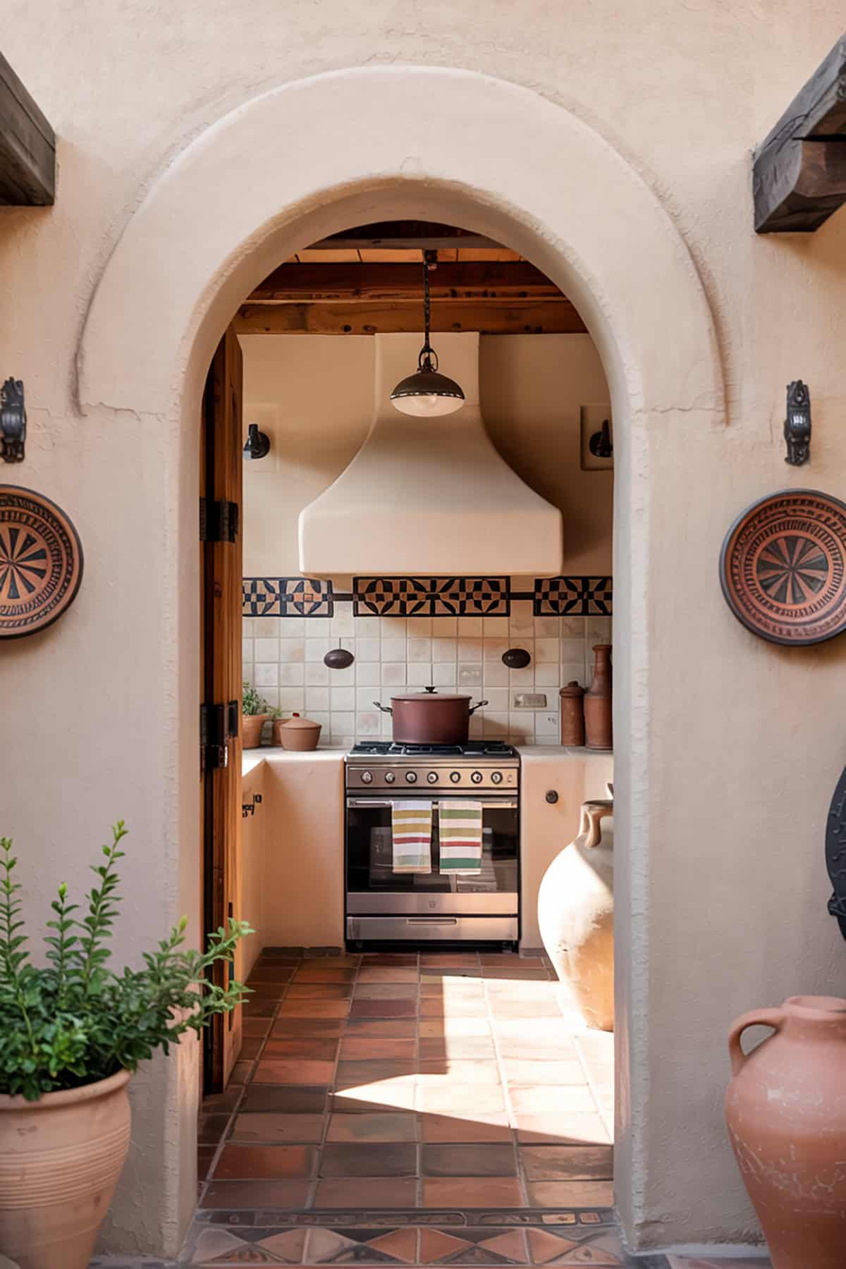 Kitchen With Arched Doorway and Clay Pots