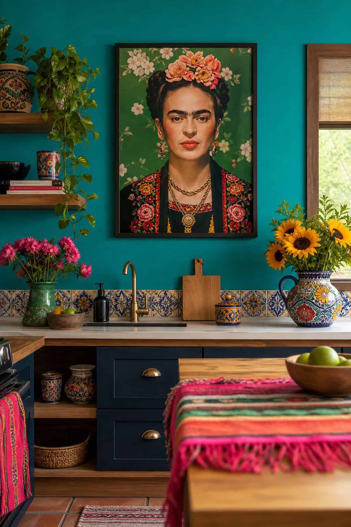 Kitchen With Frida Kahlo Art and Bright Accents