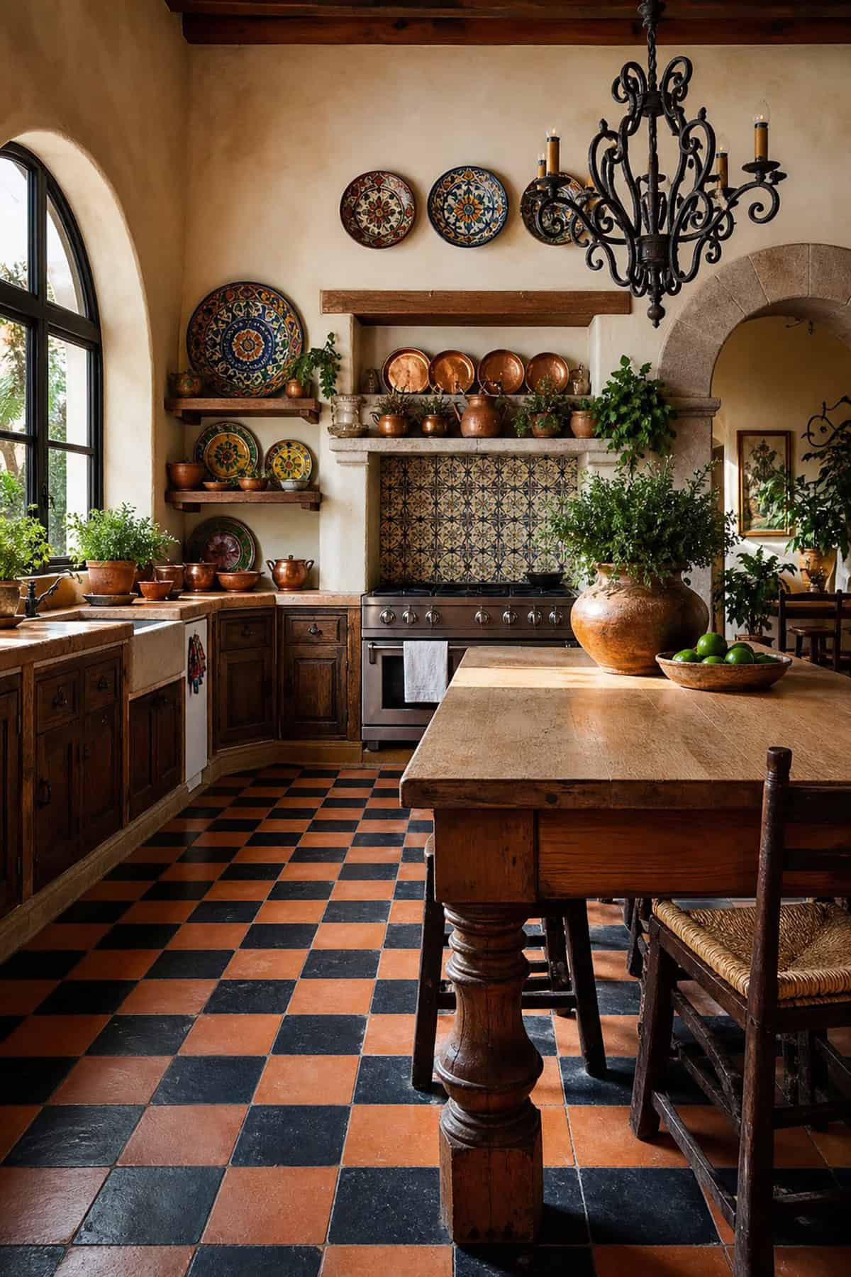 Mexican Kitchen With Checkerboard Tile Flooring