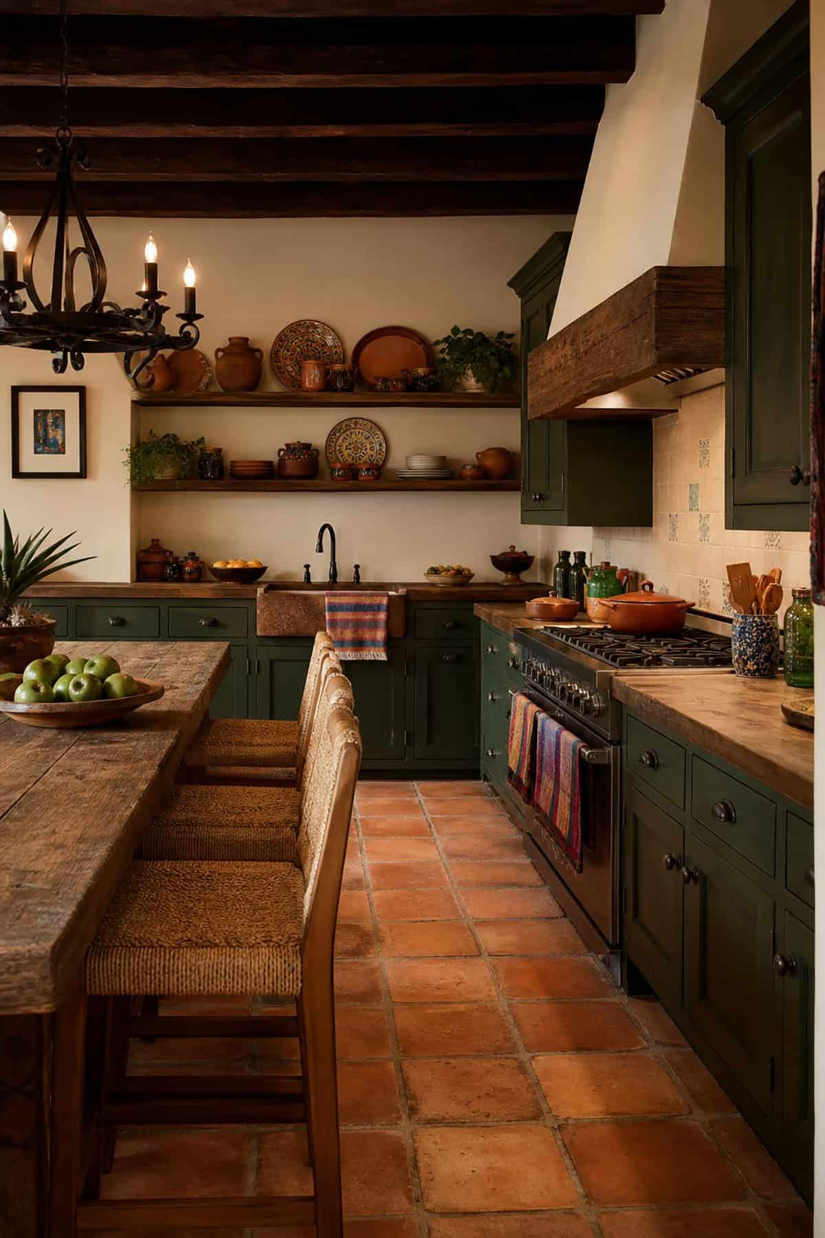 Mexican Kitchen With Green Painted Cabinets and Rustic Wood Accents