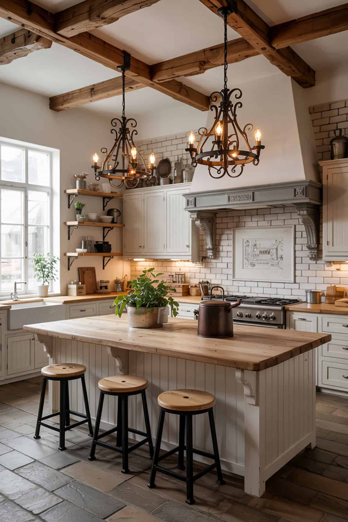 Rustic Kitchen With Wrought Iron Light Fixtures