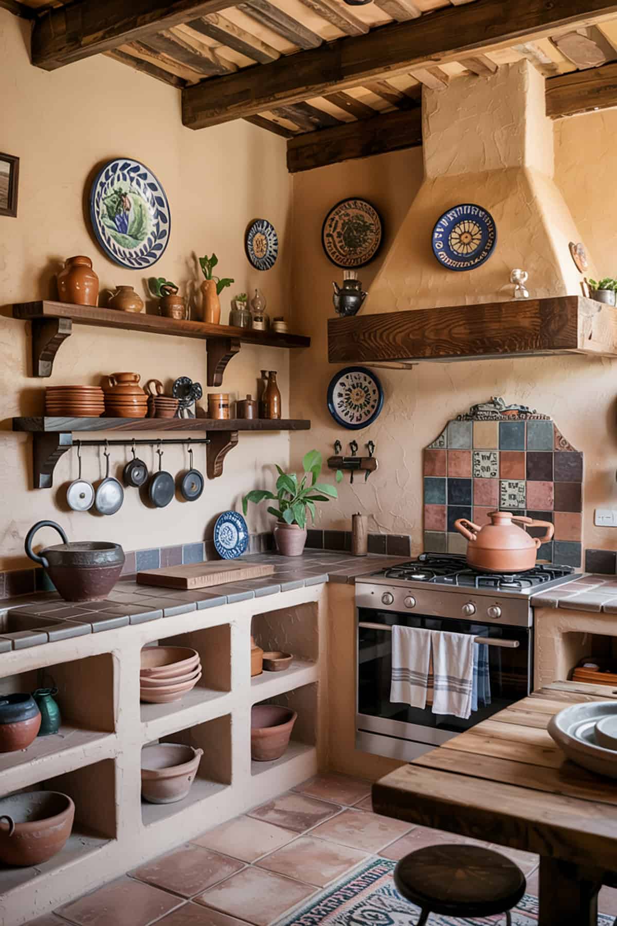 Rustic Mexican Kitchen With Clay Walls