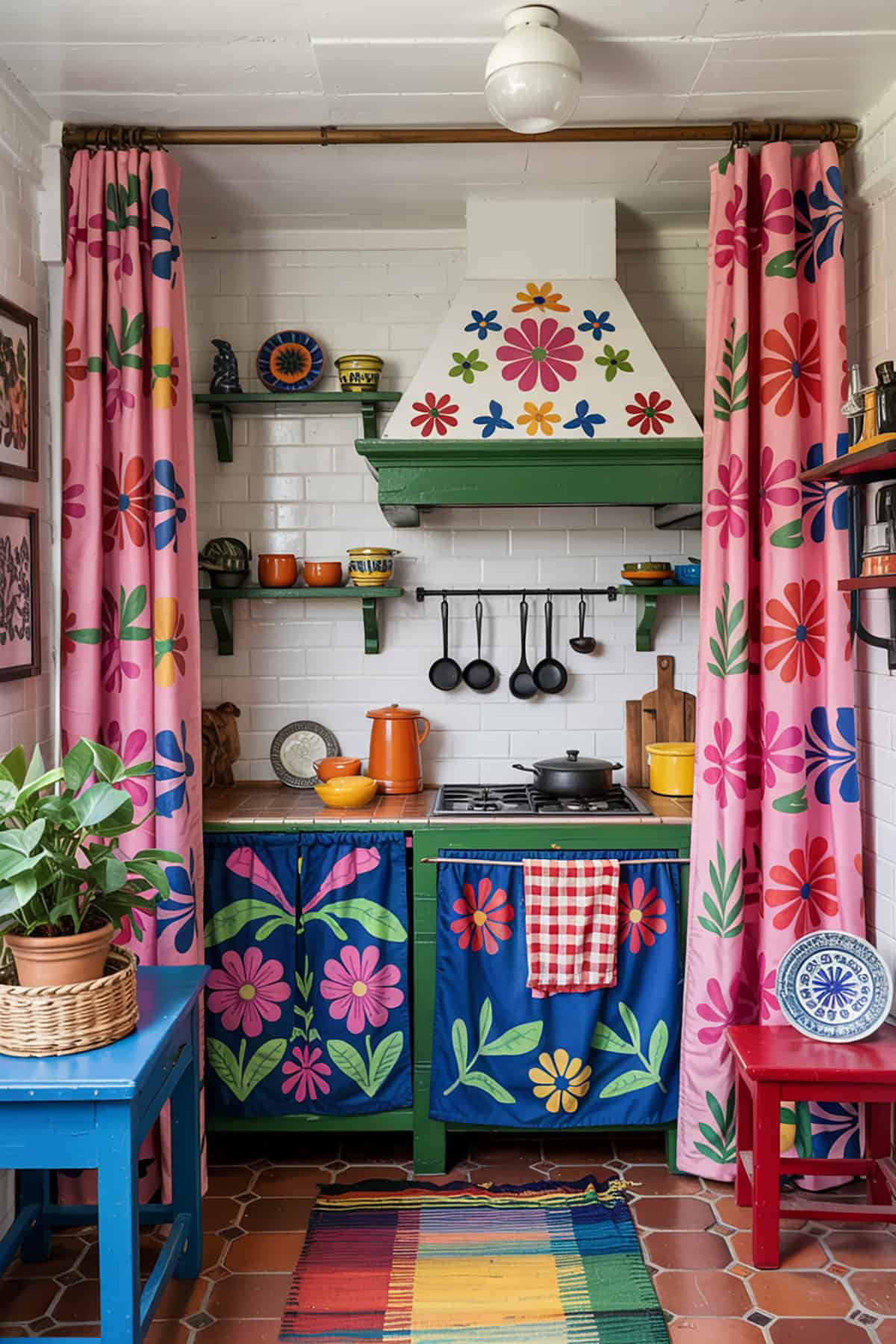 Small Mexican Kitchen With Colorful Curtains