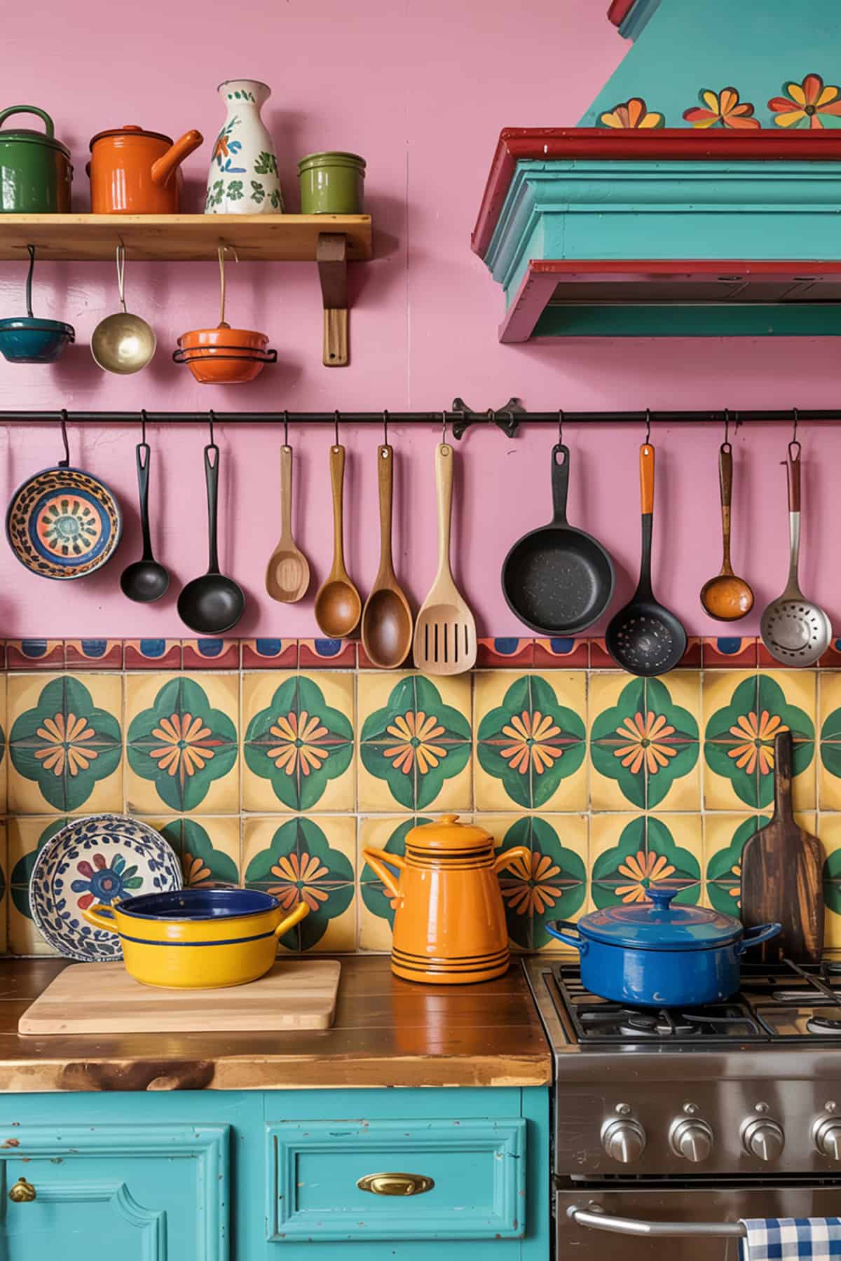 Vibrant Kitchen Wall With Hanging Cooking Utensils